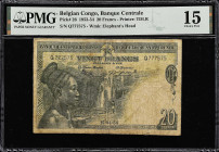 BELGIAN CONGO. Banque Centrale du Congo Belge et du Ruanda-Urundi. 20 Francs, 1954. P-26. PMG Choice Fine 15.
Printed by TDLR. Watermark of elephant'...