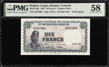 BELGIAN CONGO. Banque Centrale du Congo Belge et du Ruanda-Urundi. 10 Francs, 1955. P-30a. PMG Choice About Uncirculated 58.
From the Prosperity Coll...