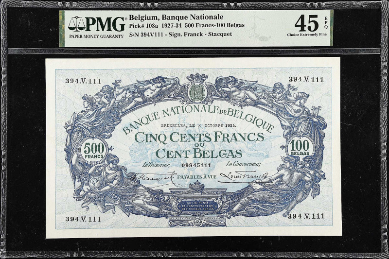 BELGIUM. Banque Nationale de Belgique. 500 Francs-100 Belgas, 1934. P-103a. PMG ...