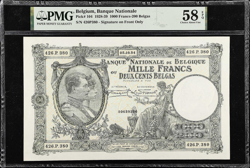 BELGIUM. Banque Nationale de Belgique. 1000 Francs-200 Belgas, 1934. P-104. PMG ...