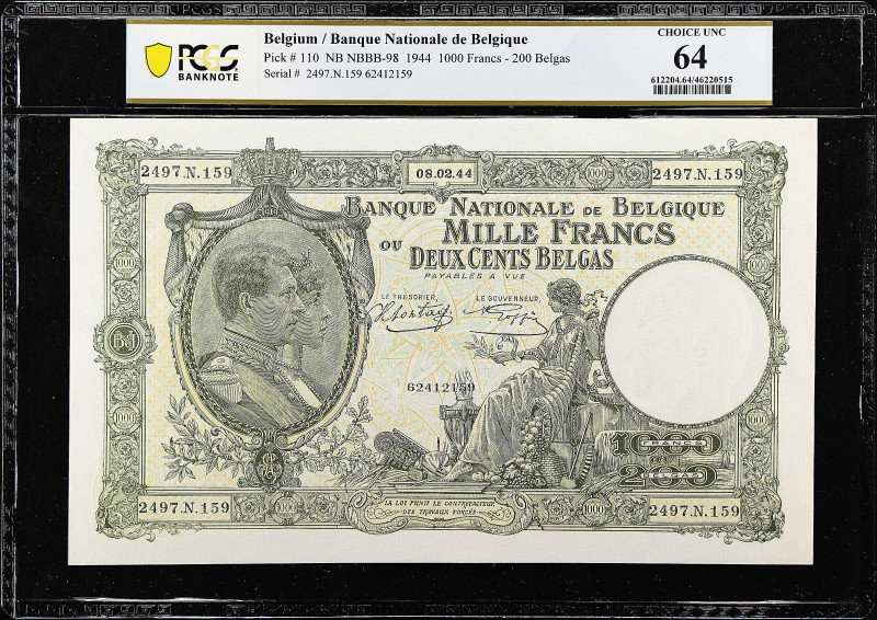 BELGIUM. Banque Nationale de Belgique. 1000 Francs, 1944. P-110. PCGS Banknote C...