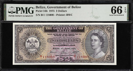 BELIZE. Government of Belize. 2 Dollars, 1975. P-34b. PMG Gem Uncirculated 66 EPQ.
From the Prosperity Collection.

Estimate: $150.00- $250.00