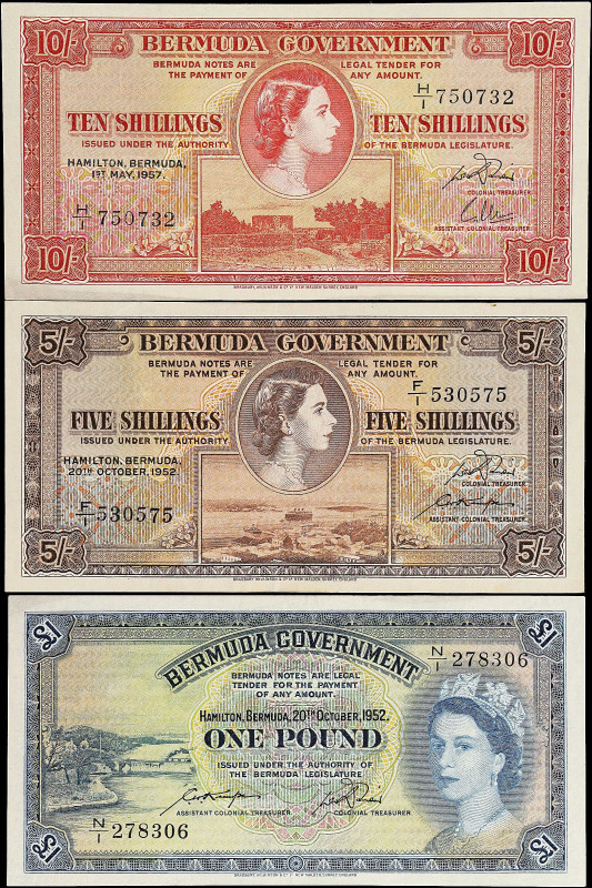 BERMUDA. Lot of (3). Bermuda Government. 1 Pound, 5 & 10 Shillings, 1952-57. P-1...