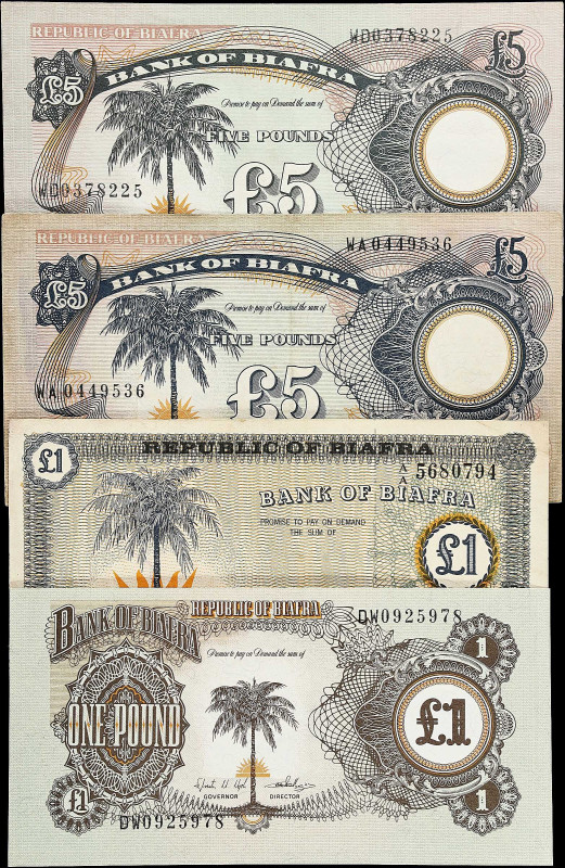 BIAFRA. Lot of (4). Bank of Biafra. 1 & 5 Pounds, ND 1968 & 1969). P-2, 5a, & 6a...