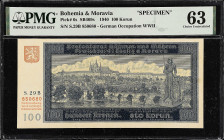 BOHEMIA & MORAVIA. Protektorat Bohmen und Mahren. 100 Korun, 1940. P-6s. Specimen. PMG Choice Uncirculated 63.
PMG comments "Minor Stains".

Estima...