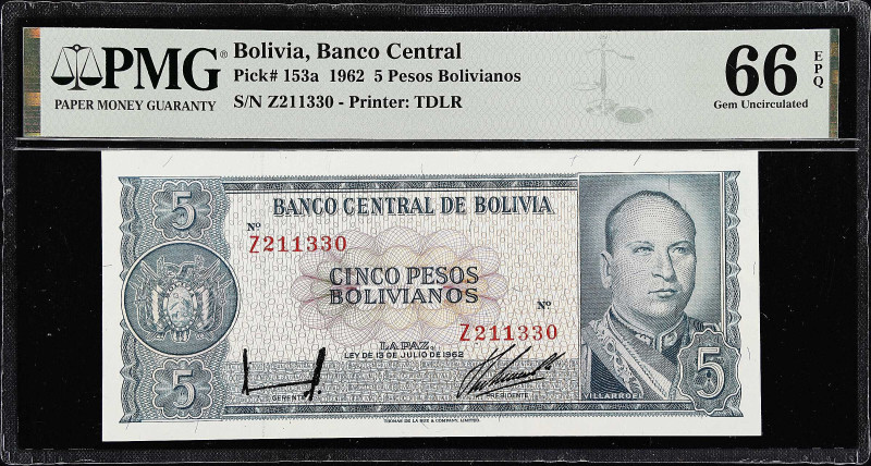 BOLIVIA. Banco Central de Bolivia. 5 Pesos Bolivianos, 1962. P-153a. PMG Gem Unc...