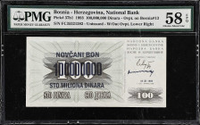BOSNIA AND HERZEGOVINA. Lot of (2). Narodna Banka Bosne i Hercegovine. 100,000,000 Dinara, 1993. P-37b1. PMG Choice About Uncirculated 58 EPQ.
Unissu...