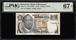 BOTSWANA. Lot of (2). Bank of Botswana. 1 Pula & 2 Pula, ND (1976). P-1a & 2a. Matching Serial Numbers. PMG Gem Uncirculated 65 EPQ & Superb Gem Uncir...