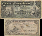 BRAZIL. Lot of (2). Mixed Banks. 1 Mil Reis, ND (1891). P-3 & Unlisted. Fine.
Damage/issues are found. SOLD AS IS/NO RETURNS. 

Estimate: $150.00- ...