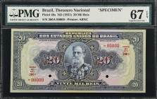 BRAZIL. Thesouro Nacional. 20 Mil Reis, ND (1931). P-48s. Specimen. PMG Superb Gem Uncirculated 67 EPQ.
Key grade.

Estimate: $300.00- $400.00