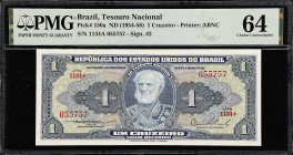 BRAZIL. Lot of (3). Tesouro Nacional. 1, 20 & 5000 Cruzeiros, ND (1954-64). P-150a, 178 & 182b. PMG Choice Uncirculated 64 to Superb Gem Uncirculated ...