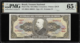 BRAZIL. Lot of (2). Tesouro Nacional & Banco Central do Brasil. 5 Cruzeiros & 10 Cruzeiros, ND (1962-80). P-176a & 193e. Fancy Serial Numbers. PMG Gem...