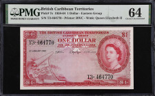 BRITISH CARIBBEAN TERRITORIES. Currency Board of the British Caribbean Territories. 1 Dollar, 1961. P-7c. PMG Choice Uncirculated 64.
A tougher 1961 ...
