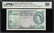 BRITISH CARIBBEAN TERRITORIES. British Caribbean Territories, Eastern Group. 5 Dollars, 1961. P-9c. PMG Very Fine 30.
Printed by BWC. Watermark of QE...