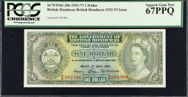 BRITISH HONDURAS. Government of British Honduras. 1 Dollar, 1967. P-28b. PCGS Currency Superb Gem New 67 PPQ.
From the Prosperity Collection.

Esti...