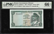 BRUNEI. Government of Brunei. 5 Ringgit, 1967. P-2a. PMG Gem Uncirculated 66 EPQ.

Estimate: $200.00- $300.00