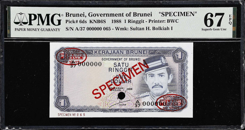 BRUNEI. Government of Brunei. 1 Ringgit, 1988. P-6ds. Specimen. PMG Superb Gem U...