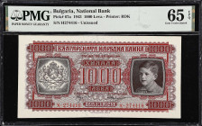 BULGARIA. Banque Nationale de Bulgarie. 1000 Leva, 1943. P-67a. PMG Gem Uncirculated 65 EPQ.
PMG Gem Uncirculated 65 EPQ.

Estimate: $300.00- $500....