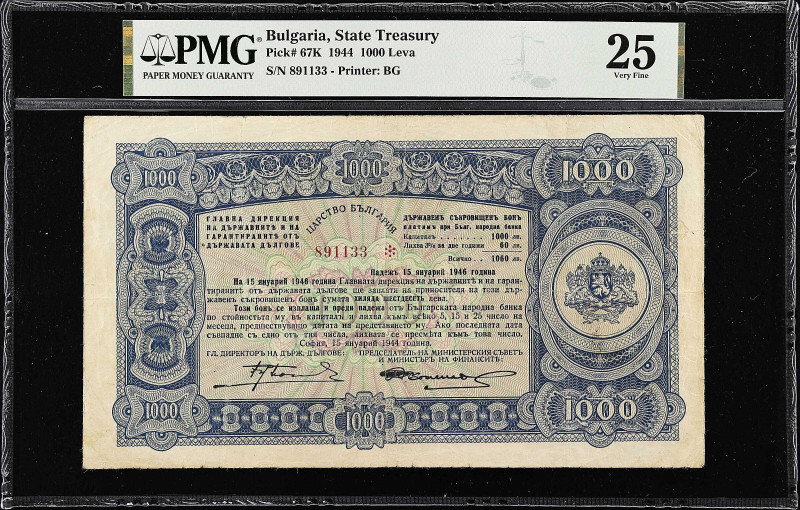 BULGARIA. State Treasury. 1000 Leva, 1944. P-67K. PMG Very Fine 25.
PMG comment...