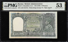 BURMA. Reserve Bank of India. 10 Rupees, ND (1938). P-5. PMG About Uncirculated 53.
PMG comments "Staple Holes at Issue".

Estimate: $50.00- $100.0...
