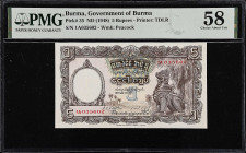 BURMA. Government of Burma. 5 Rupees, ND (1948). P-35. PMG Choice About Uncirculated 58.

Estimate: $400.00- $600.00