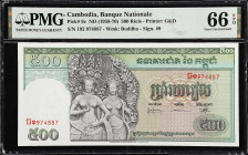 CAMBODIA. Lot of (6). Banque Nationale du Cambodge. 100 & 500 Riels, ND (1956-72). P-9c & 13b. PMG Choice Uncirculated 64 to Gem Uncirculated 66 EPQ....