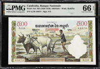 CAMBODIA. Lot of (2). Banque Nationale du Cambodge. 500 Riels, ND (1958-1970). P-14d. Consecutive. PMG Choice Uncirculated 64 & Gem Uncirculated 66 EP...