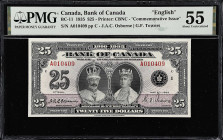 CANADA. Bank of Canada. 25 Dollars, 1935. BC-11. PMG About Uncirculated 55.
English variety. A commemorative note which honored the Silver Jubilee of...
