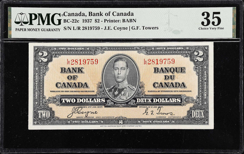 CANADA. Lot of (2). Bank of Canada. 2 & 10 Dollars, 1937. BC-22c & BC-24b. PMG C...