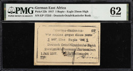 GERMAN EAST AFRICA. Deutsch-Ostafrikanische Bank. 1 Rupie, 1917. P-22b. PMG Uncirculated 62.
PMG comments "Stains".

Estimate: $75.00- $125.00