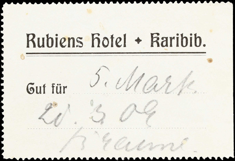 GERMAN SOUTHWEST AFRICA. Rubiens Hotel. 5 mark, ND. P-Unlisted. Private Issue. E...