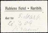 GERMAN SOUTHWEST AFRICA. Rubiens Hotel. 5 mark, ND. P-Unlisted. Private Issue. Extremely Fine.
Minor staining/spotting.

Estimate: $550.00- $750.00