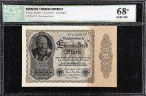 GERMANY. Reichsbank. 1000 Mark, 1922. P-82a. ICG Gem Uncirculated 68*.
ICG comments "Tiny Spot at Right on Reverse."
From the Scott Lindquist Collec...