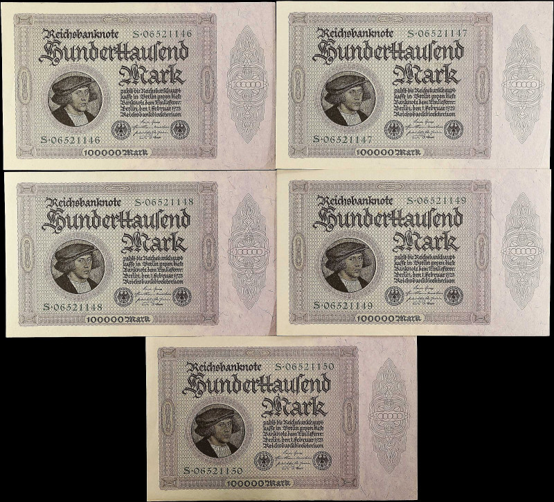 GERMANY. Lot of (5). Reichsbank. 100,000 Mark, 1923. P-83. Consecutive. Choice U...