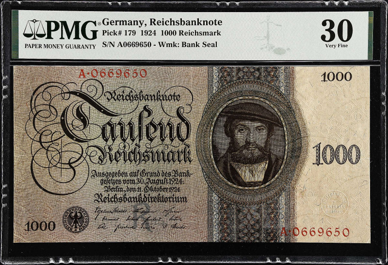 GERMANY. Reichsbanknote. 1000 Reichsmark, 1924. P-179. PMG Very Fine 30.
PMG co...