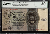 GERMANY. Reichsbanknote. 1000 Reichsmark, 1924. P-179. PMG Very Fine 30.
PMG comments "Small Tear".

Estimate: $150.00- $200.00