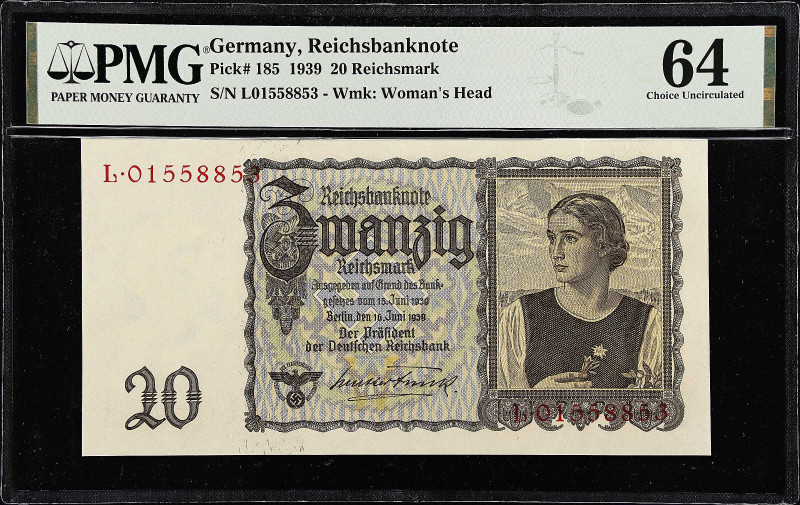 GERMANY. Reichsbank. 20 Reichsmark, 1939. P-185. PMG Choice Uncirculated 64.

...