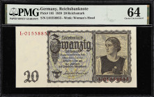 GERMANY. Reichsbank. 20 Reichsmark, 1939. P-185. PMG Choice Uncirculated 64.

Estimate: $150.00- $200.00