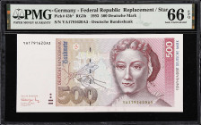 GERMANY, FEDERAL REPUBLIC. Deutsche Bundesbank. 500 Deutsche Mark, 1993. P-43b*. Replacement. PMG Gem Uncirculated 66 EPQ.

Estimate: $600.00- $900....