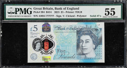 GREAT BRITAIN. Bank of England. 5 Pounds, 2015. P-394. Solid #7's. PMG About Uncirculated 55.

Estimate: $300.00- $400.00