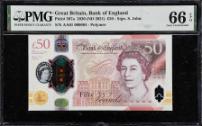 GREAT BRITAIN. Bank of England. 50 Pounds, 2020 (ND 2021). P-397a. Serial Number 94. PMG Gem Uncirculated 66 EPQ.
1st Prefix. S/N 94.

Estimate: $7...