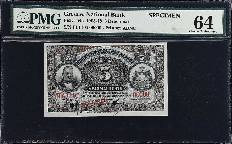 GREECE. National Bank. 5 Drachmai, 1914. P-54s. Specimen. PMG Choice Uncirculate...