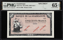 GUADELOUPE. Banque de la Guadeloupe. 500 Francs, ND (1942). P-25s. Specimen. PMG Gem Uncirculated 65 EPQ.

Estimate: $300.00- $500.00