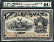 GUATEMALA. El Banco Americano de Guatemala. 100 Pesos, 1895-1925. P-S114s. Specimen. PMG Choice Uncirculated 64 EPQ.
From the Prosperity Collection....