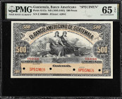 GUATEMALA. El Banco Americano de Guatemala. 500 Pesos, ND (1895-1925). P-S115s. Specimen. PMG Gem Uncirculated 65 EPQ.
From the Prosperity Collection...