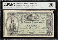 GUATEMALA. Banco Colombiano. 1 Peso, 1900. P-S121b. PMG Very Fine 20.
PMG comments "Edge Damage".

Estimate: $100.00- $200.00