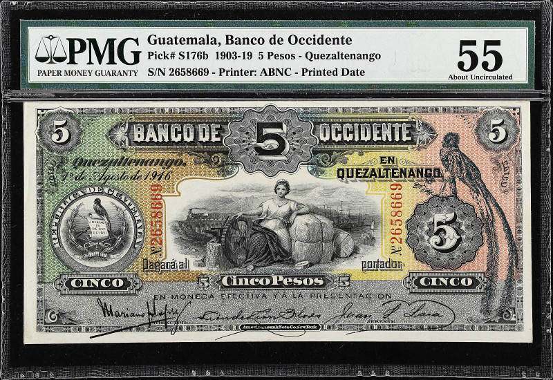 GUATEMALA. Banco de Occidente. 5 Pesos, 1916. P-S176b. PMG About Uncirculated 55...