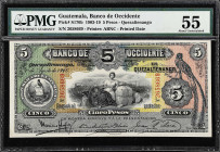 GUATEMALA. Banco de Occidente. 5 Pesos, 1916. P-S176b. PMG About Uncirculated 55.
August 1916. Printed date. Printed by ABNC.

Estimate: $200.00- $...