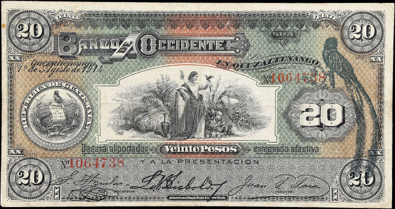 GUATEMALA. Banco de Occidente. 20 Pesos, 1914. P-S179. Very Fine.
Key 1914 date...