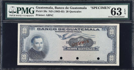 GUATEMALA. Banco de Guatemala. 20 Quetzales, ND (1963-65). P-39s. Specimen. PMG Choice Uncirculated 63 EPQ.

Estimate: $100.00- $200.00